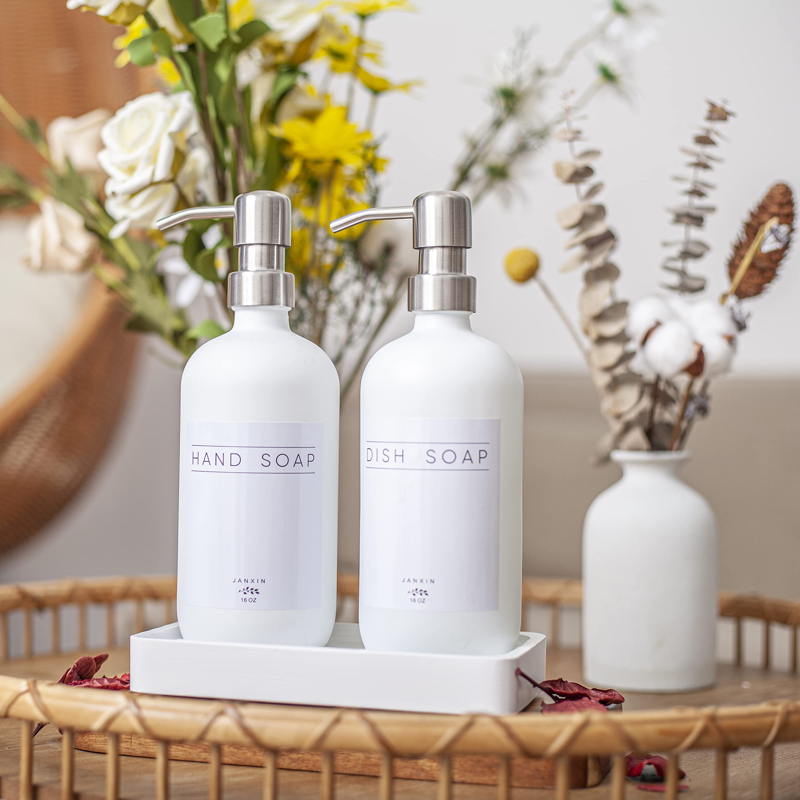 Janxin Glass Soap Dispenser for Kitchen 16oz Morden Hand and Dish Soap Dispenser with Stainless Steel Pump and Wood Tray Bathroom Soap Dispenser with Waterproof Labels (White Bottles+Silver Pumps)